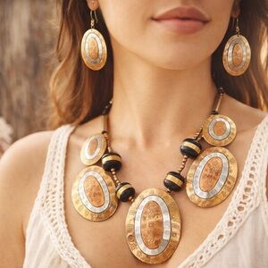 Vintage 70s Mixed Metal Statement Necklace Set Brass Copper Boho